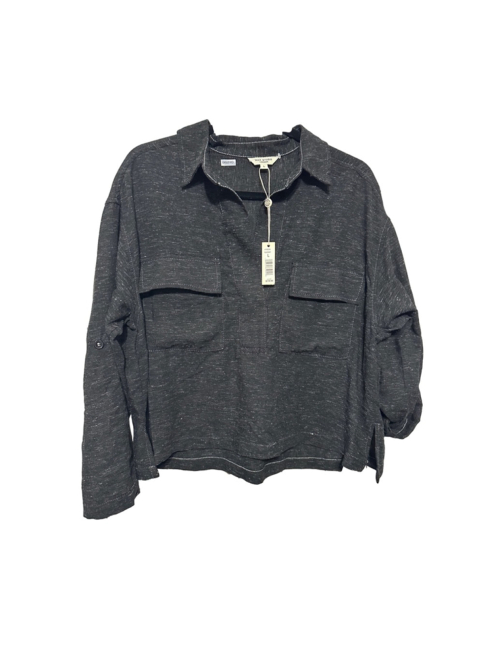 NWT Max Studio Size L Heather Black Linen Blend Roll Tab Utility Blouse - Picture 2 of 8